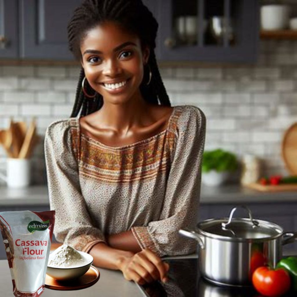 smiling lady with edmass agbelima cassava flour in a modern kitchen